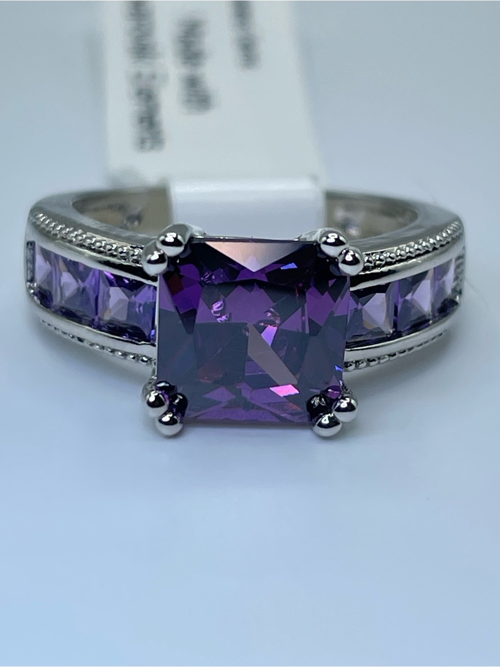 Swarovski Crystal Elements Amethyst Purple Princess Cut Crystal Ring Sz 6